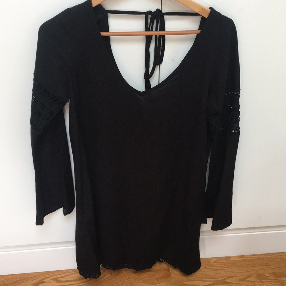 Black bell sleeve eyelet dress